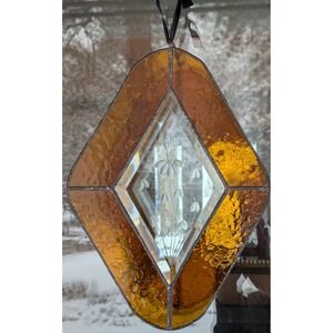 Beautiful Hanging Stained Glass Sun Catcher Clear Beveled Etched and Amber Glass